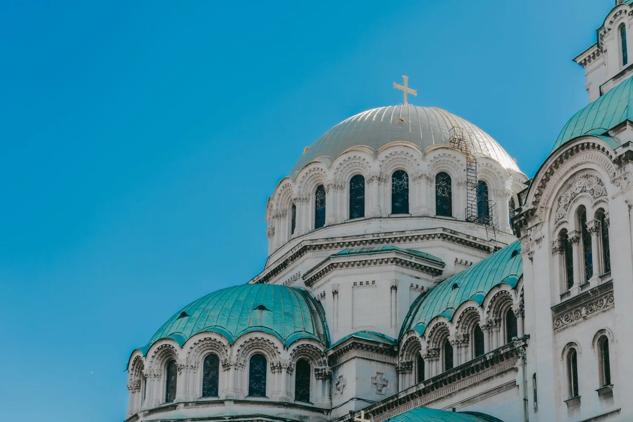 Domes of the Alexander Nevsky Cathedral in Sofia under a clear blue sky